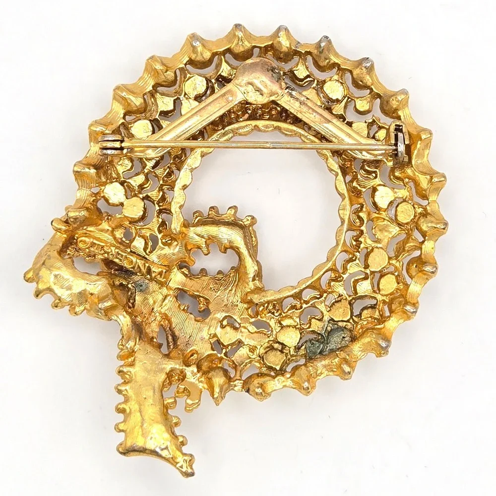 Vintage Tancer II Gold Tone Wreath Brooch AB Crystal‎ Rhinestones Bow Christmas